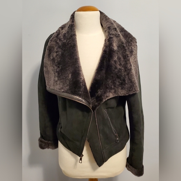 ✨️ VAKKO black suade & authentic Lambskin moto jacket, fur lined - size L ✨️ - Picture 2 of 7
